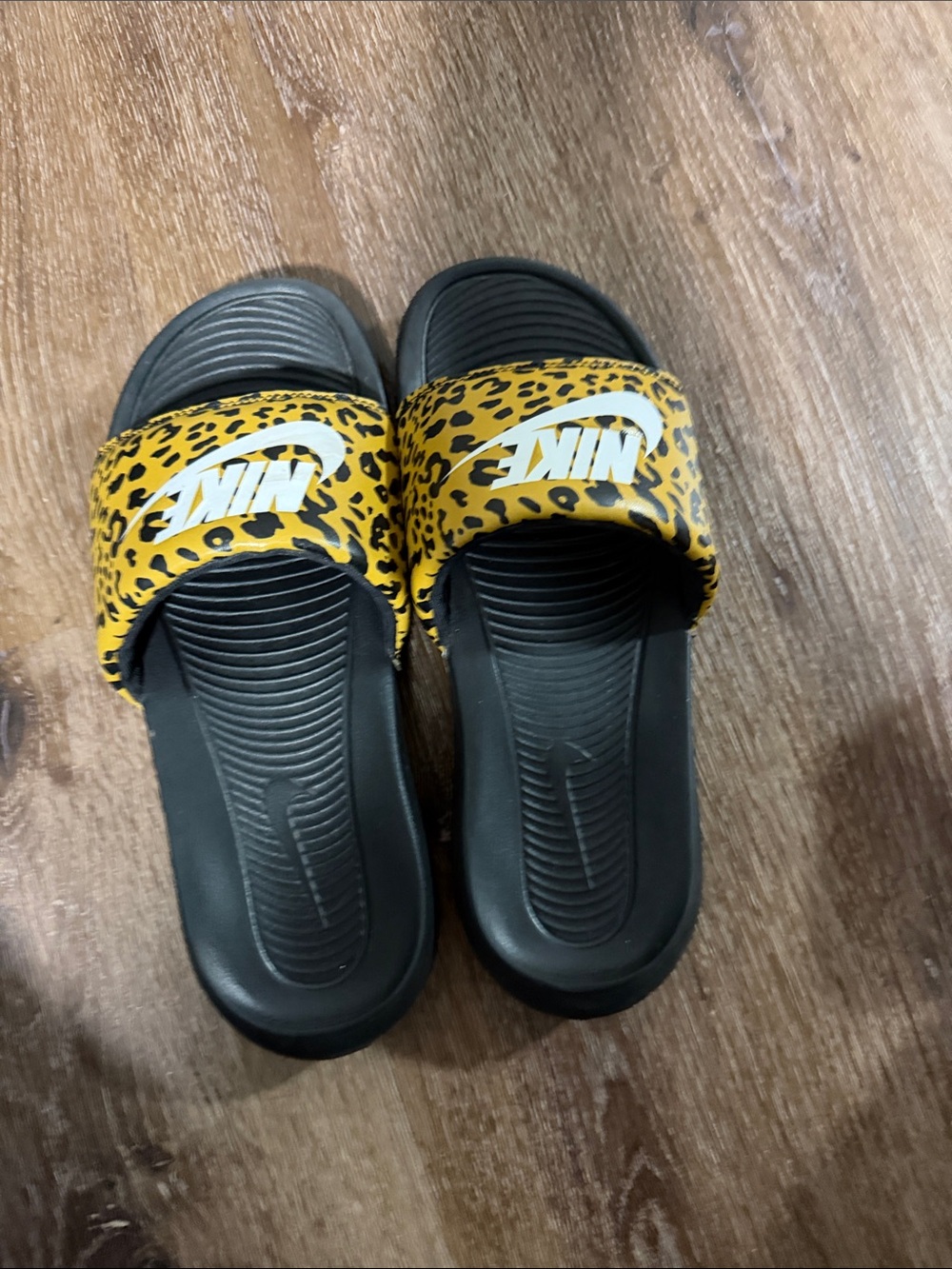 Nike Yellow Leopard Print Slide Sandals with Black Footbed